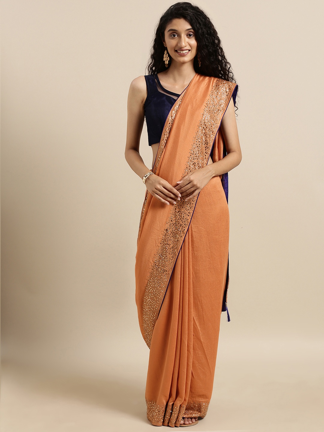 

VASTRANAND Peach-Coloured Solid Vichitra Poly Silk Saree with Embellished Border