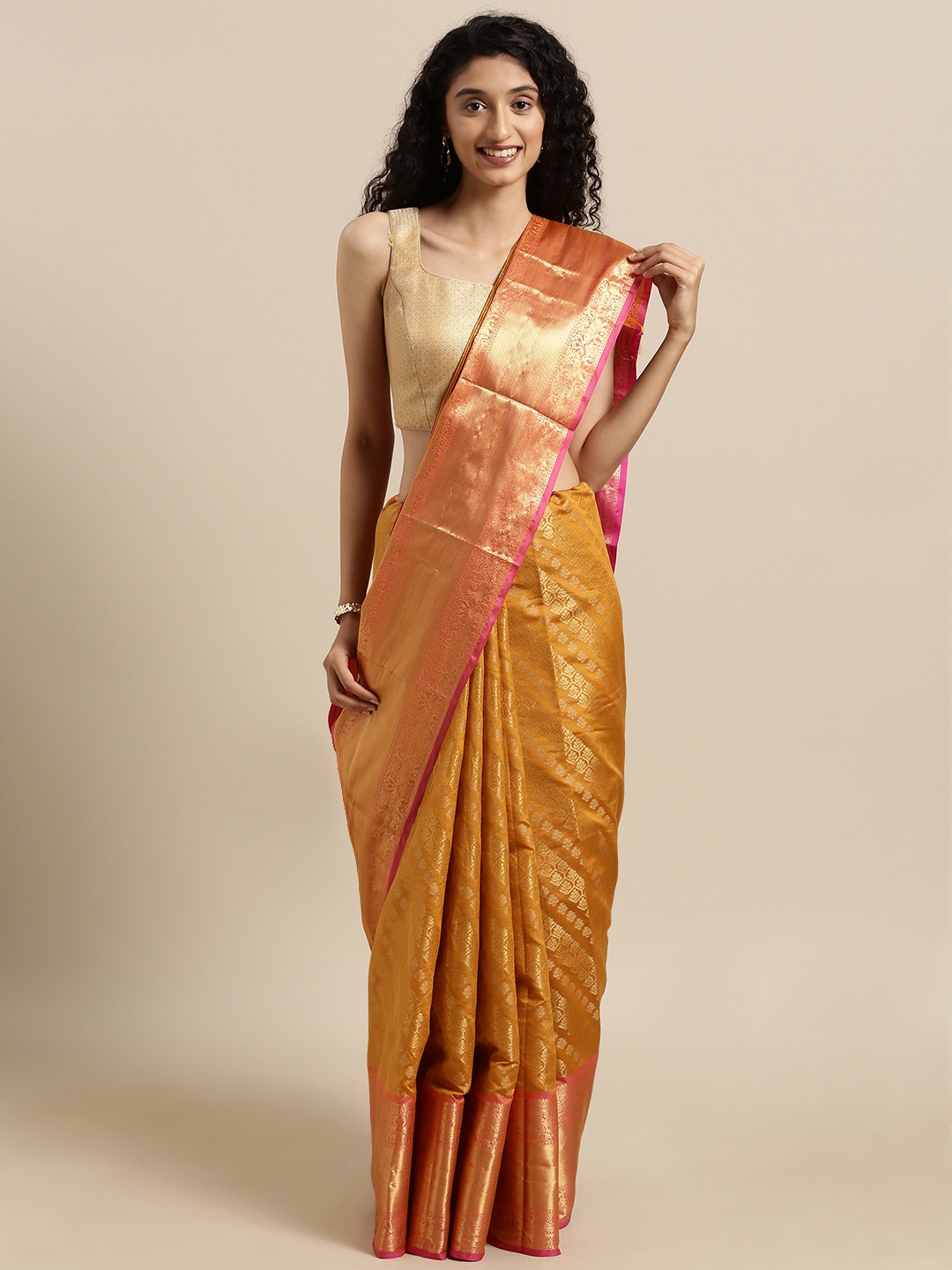 

VASTRANAND Mustard Yellow & Pink Silk Blend Woven Design Kanjeevaram Saree