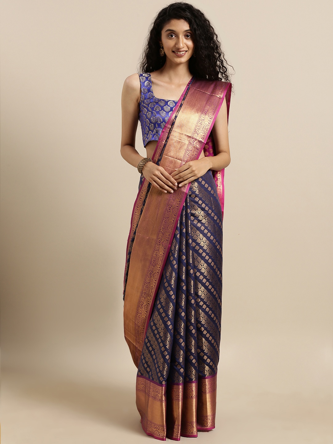 

VASTRANAND Navy Blue Silk Blend Woven Design Kanjeevaram Saree