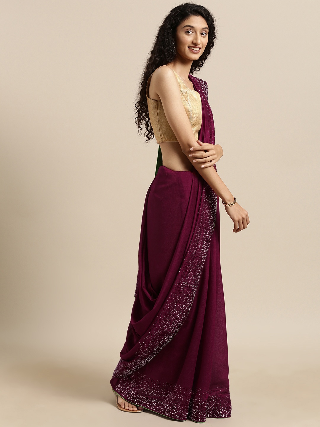 

VASTRANAND Burgundy Vichitra Poly Silk Solid Saree with Embellished Border