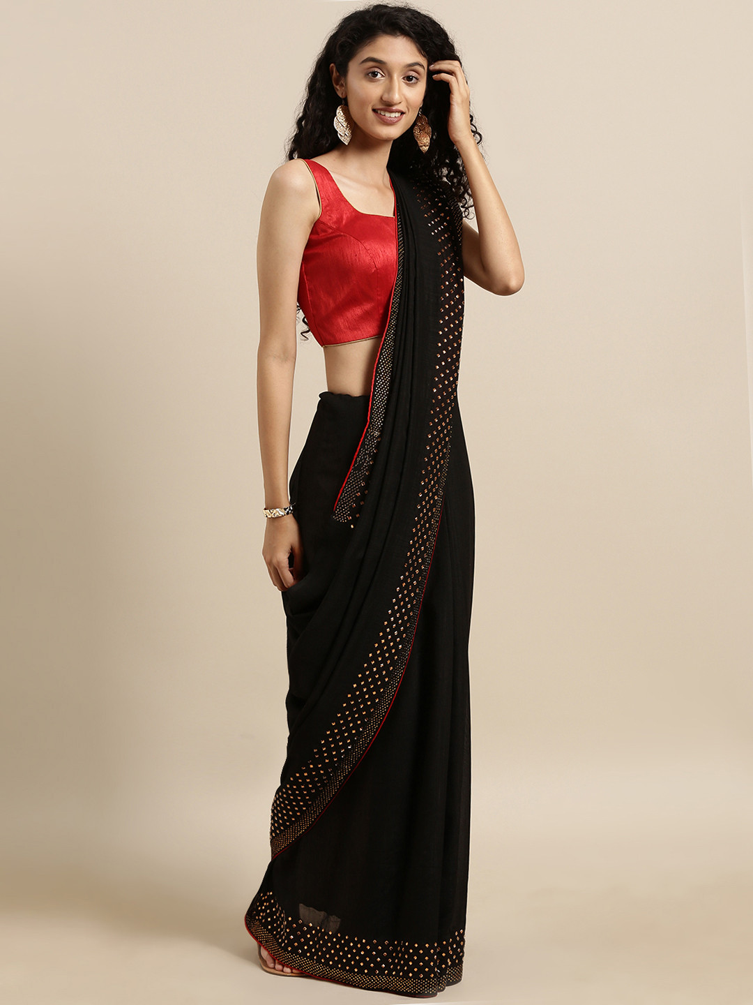 

VASTRANAND Black Solid Vichitra Poly Silk Saree with Embellished Border