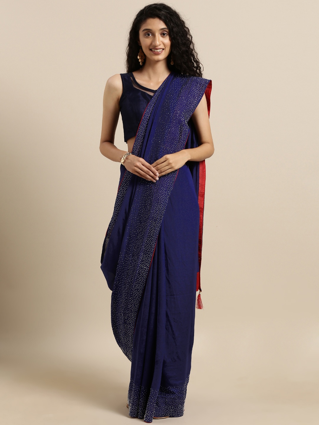 

VASTRANAND Navy Blue Solid Poly Silk Saree With Embellished Border