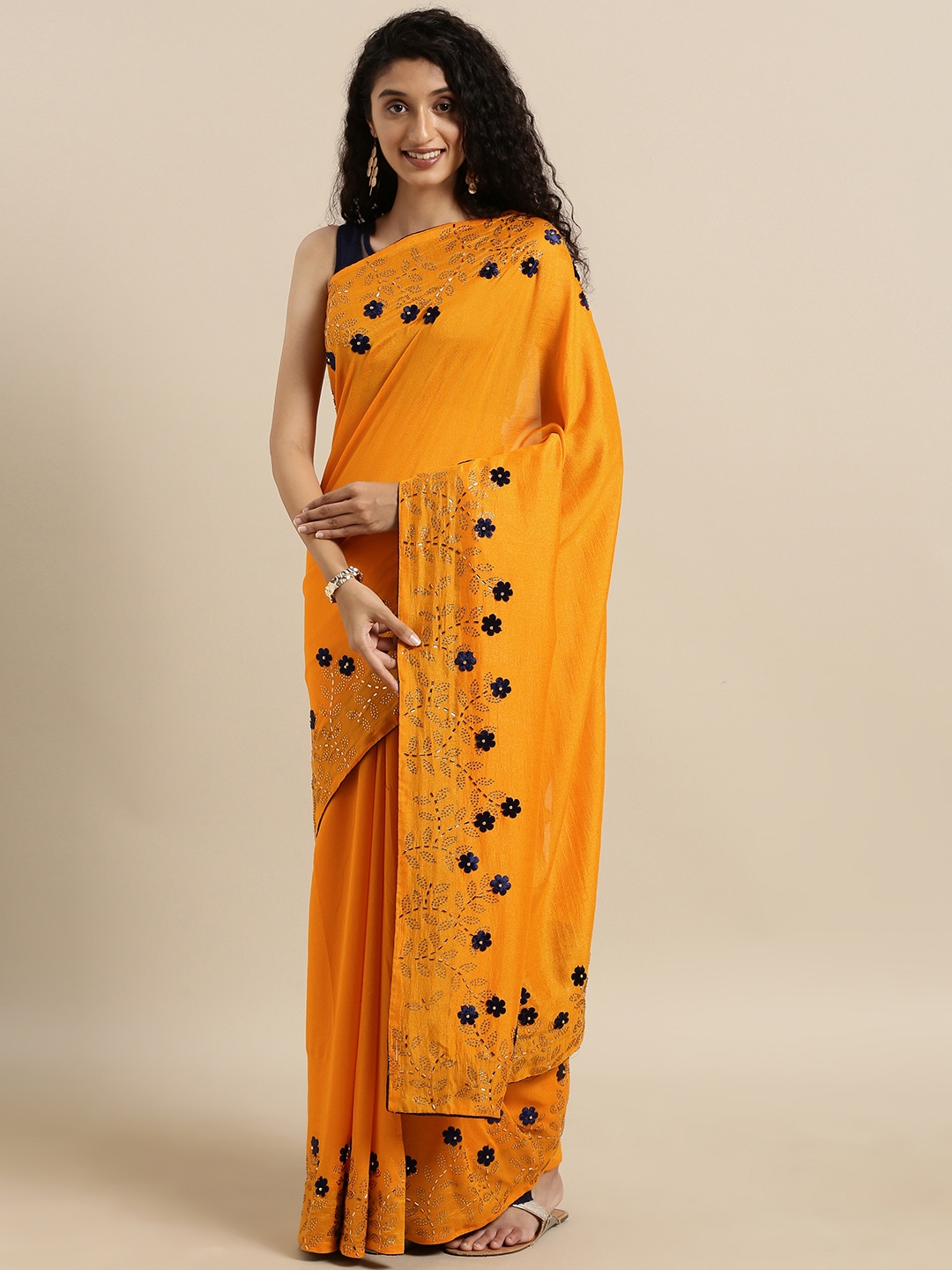 

VASTRANAND Mustard Yellow Vichitra Poly Silk Solid Saree with Embellished Border