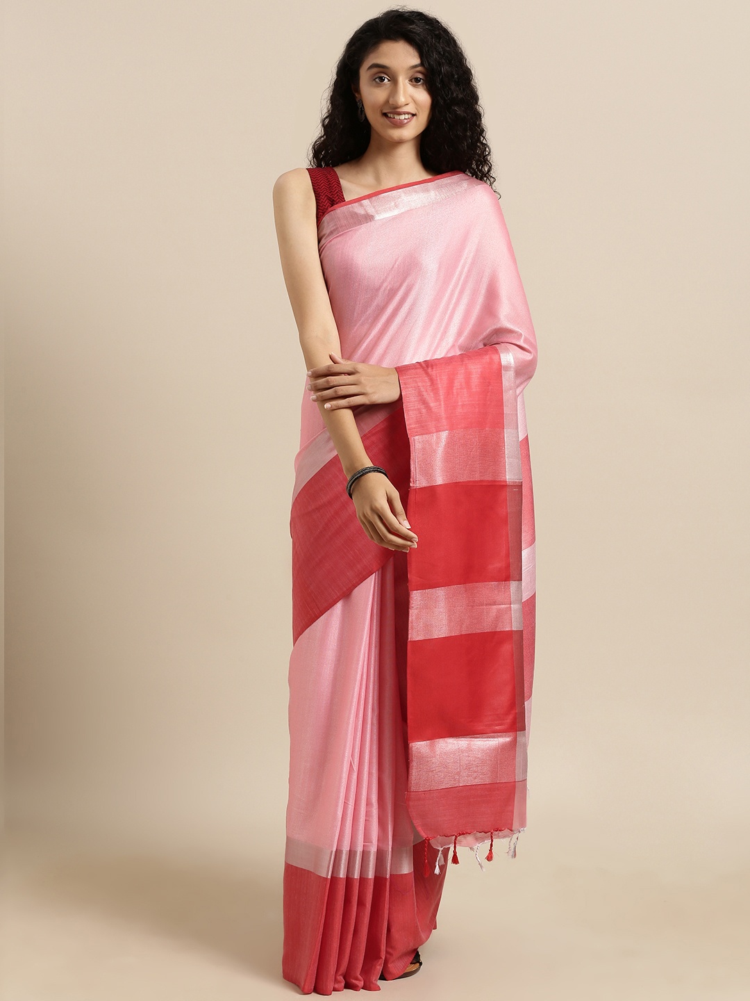 

VASTRANAND Pink & Red Linen Blend Solid Saree