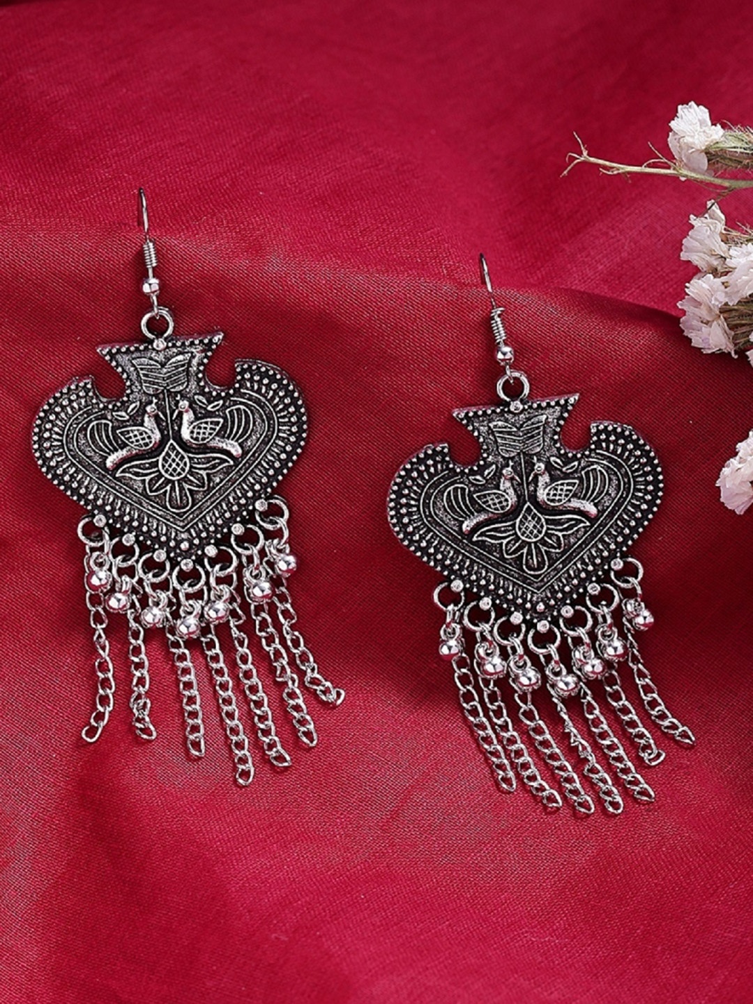 

ToniQ Silver-Toned Geometric Oxidised Drop Earrings