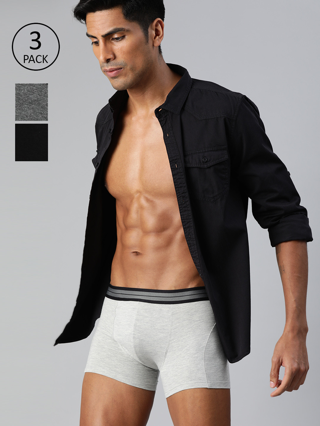 

Mast & Harbour Men Pack of 3 Grey Melange & Black Solid Trunks MHN-TRN2-3PP-DM