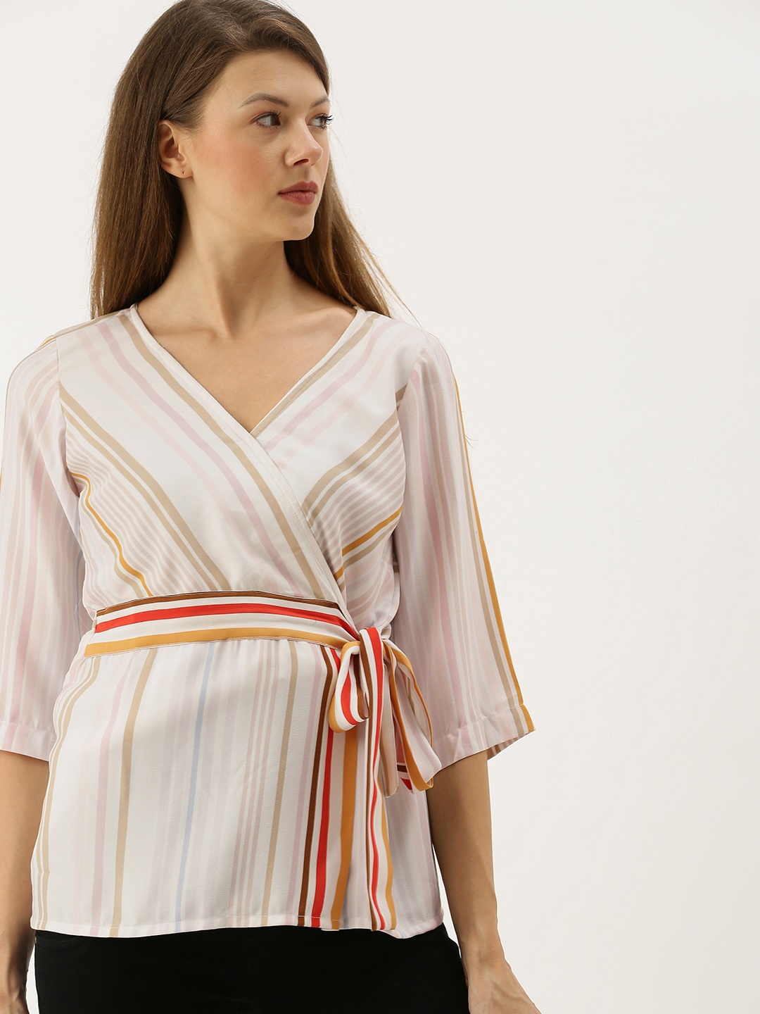 

AND Women White & Pink Striped Wrap Top with Waist Tie-Up Detail