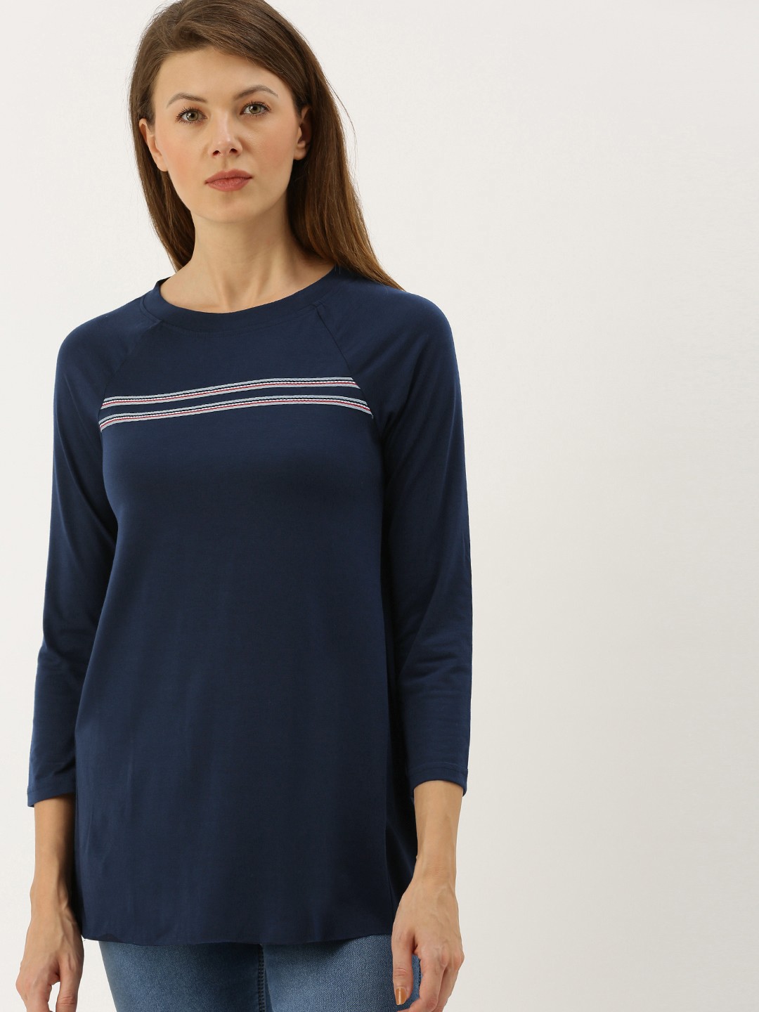 

AND Women Navy Blue Solid Regular Top with Taping Detail