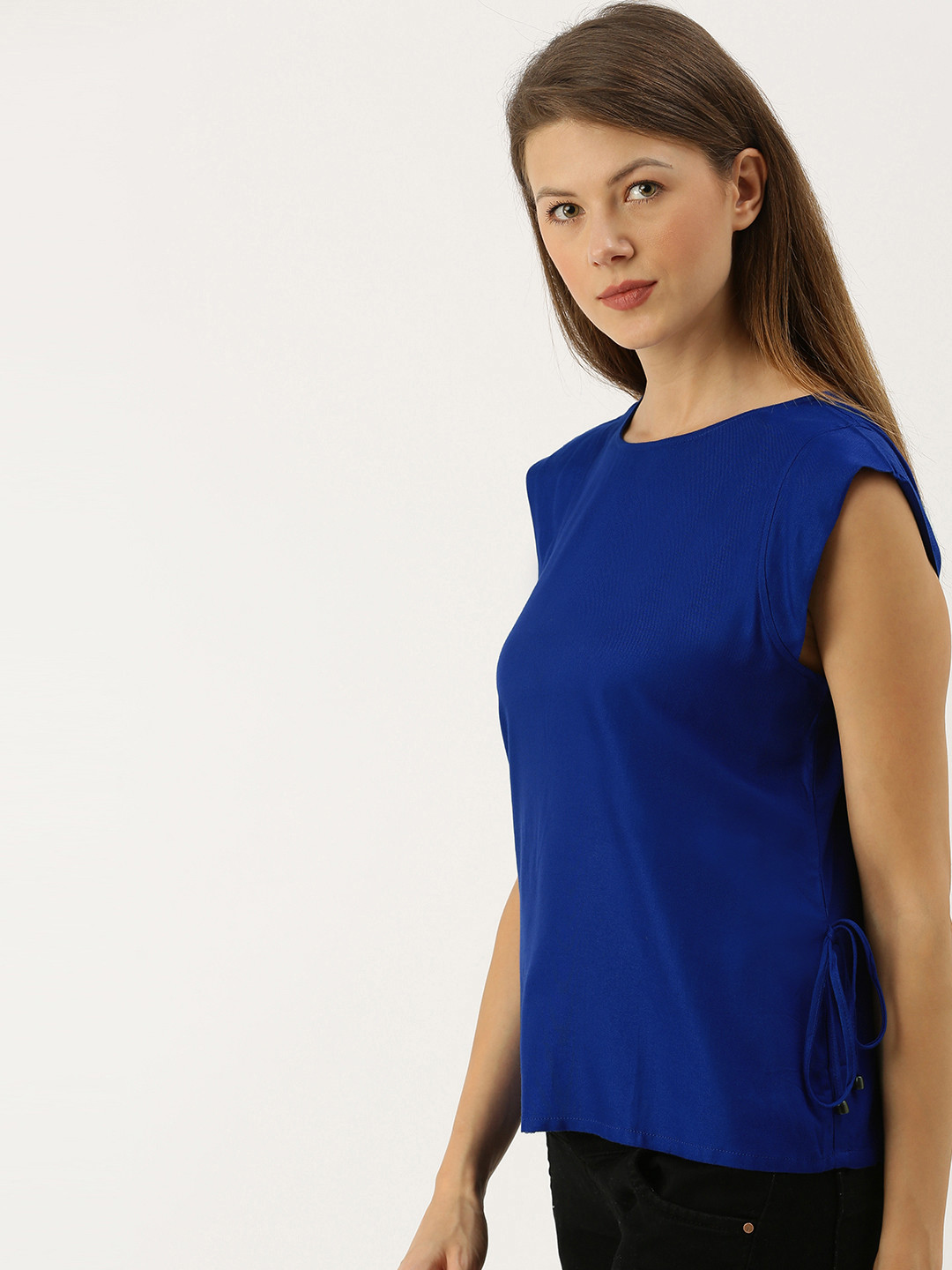 

AND Women Blue Solid Regular Top with Waist Tie-Up Detail