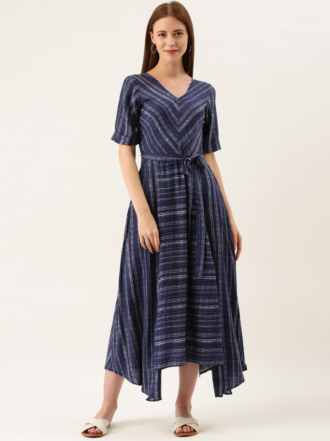 

AND Women Navy Blue & Black Striped A-Line Dress with Asymmetric Hem