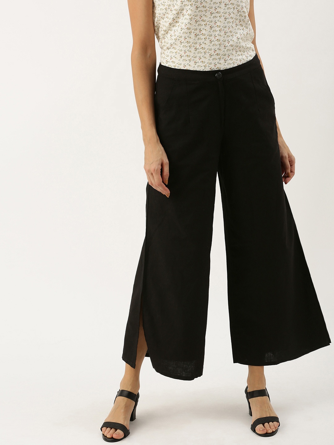 

AND Women Black Solid Flared Cropped Palazzos