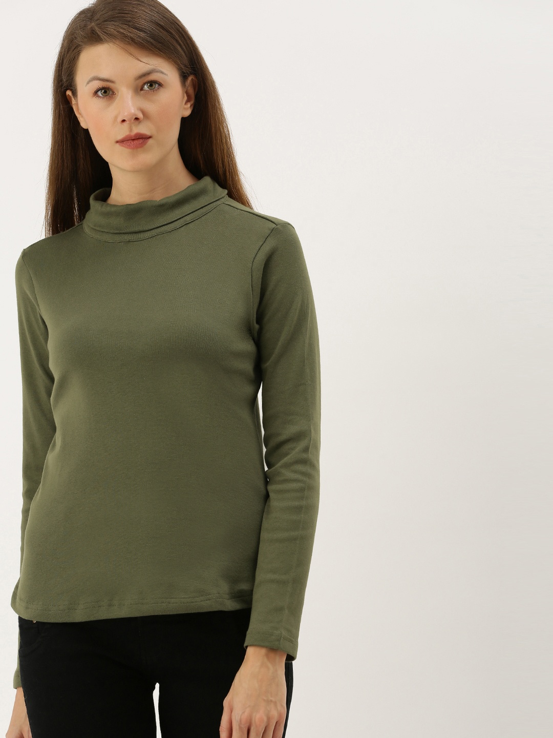 

AND Women Olive Green Solid Round Neck Regular Top