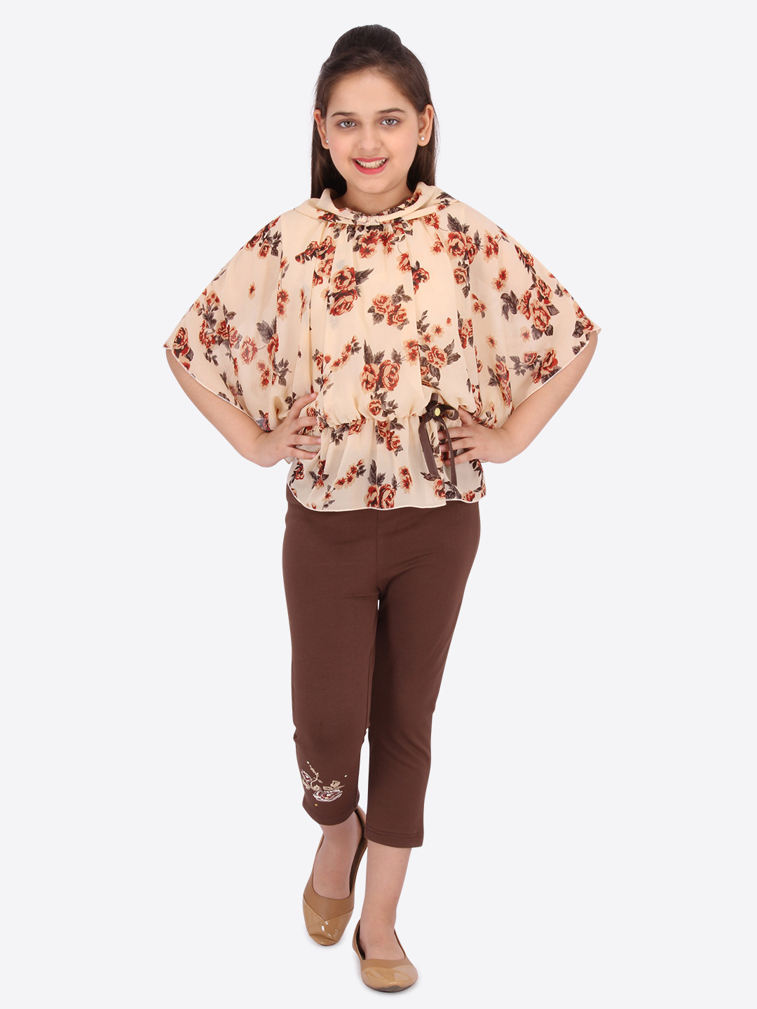 

CUTECUMBER Girls Beige & Brown Printed Top with Capris