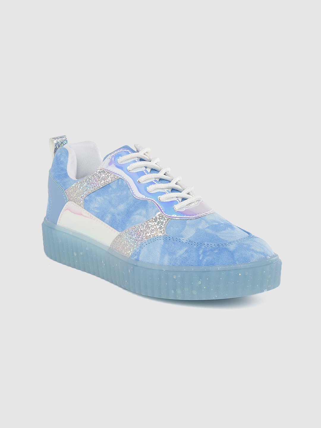 

Lavie Women Blue & Silver-Toned Printed Sneakers with Iridescent Effect