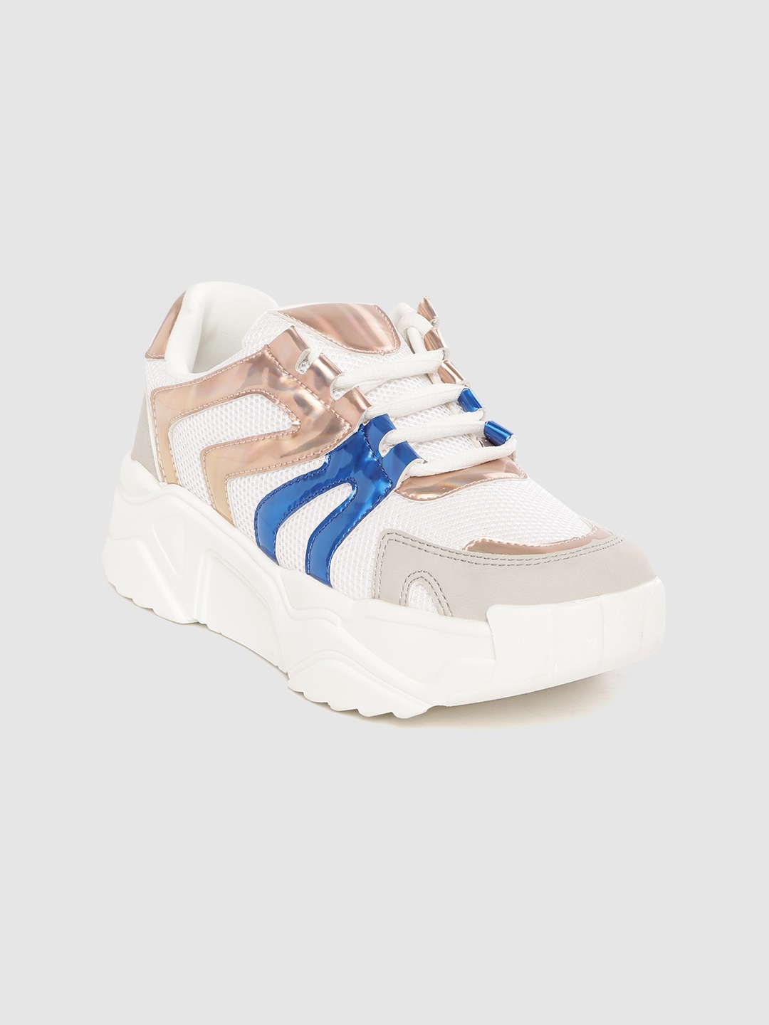 

Lavie Women White & Blue Colourblocked Flatform Sneakers