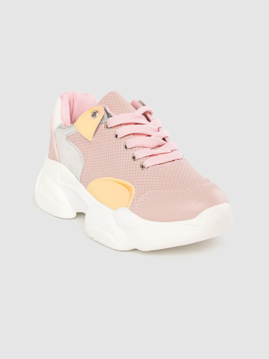 

Lavie Women Pink Perforated Flatform Sneakers with Iridescent Effect