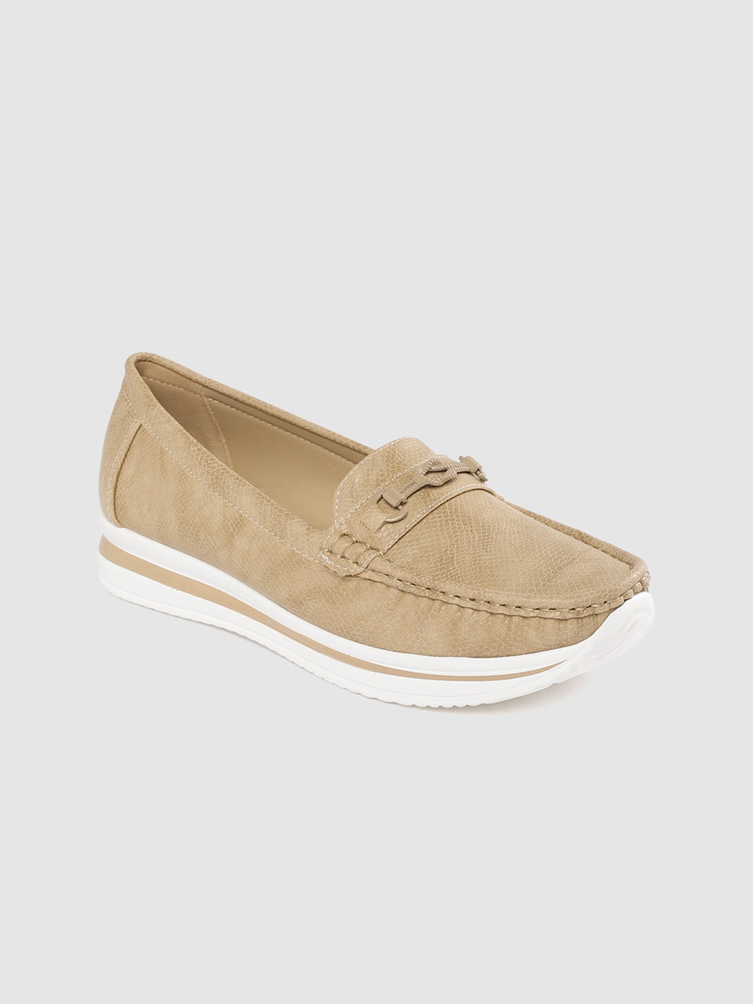 

Lavie Women Beige Snakeskin Textured Horsebit Loafers