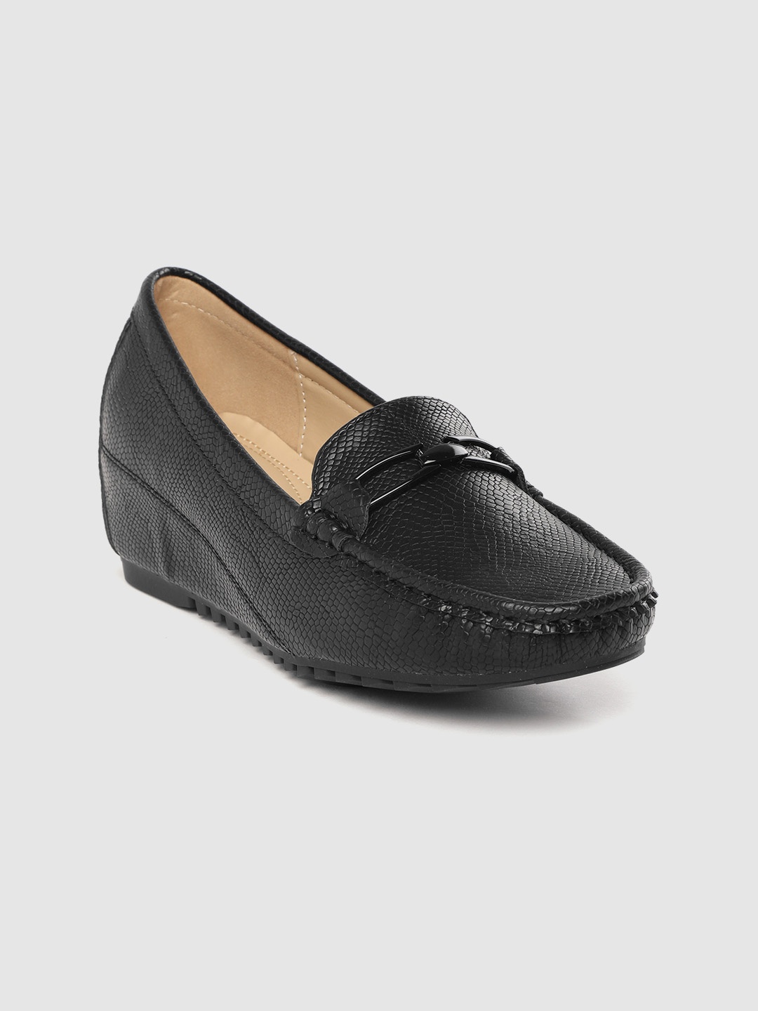 

Lavie Women Black Snakeskin Textured Heeled Loafers