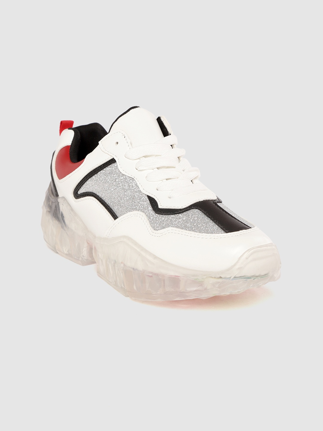

Lavie Women Silver-Toned & White Colourblocked Sneakers with Shimmer Detail