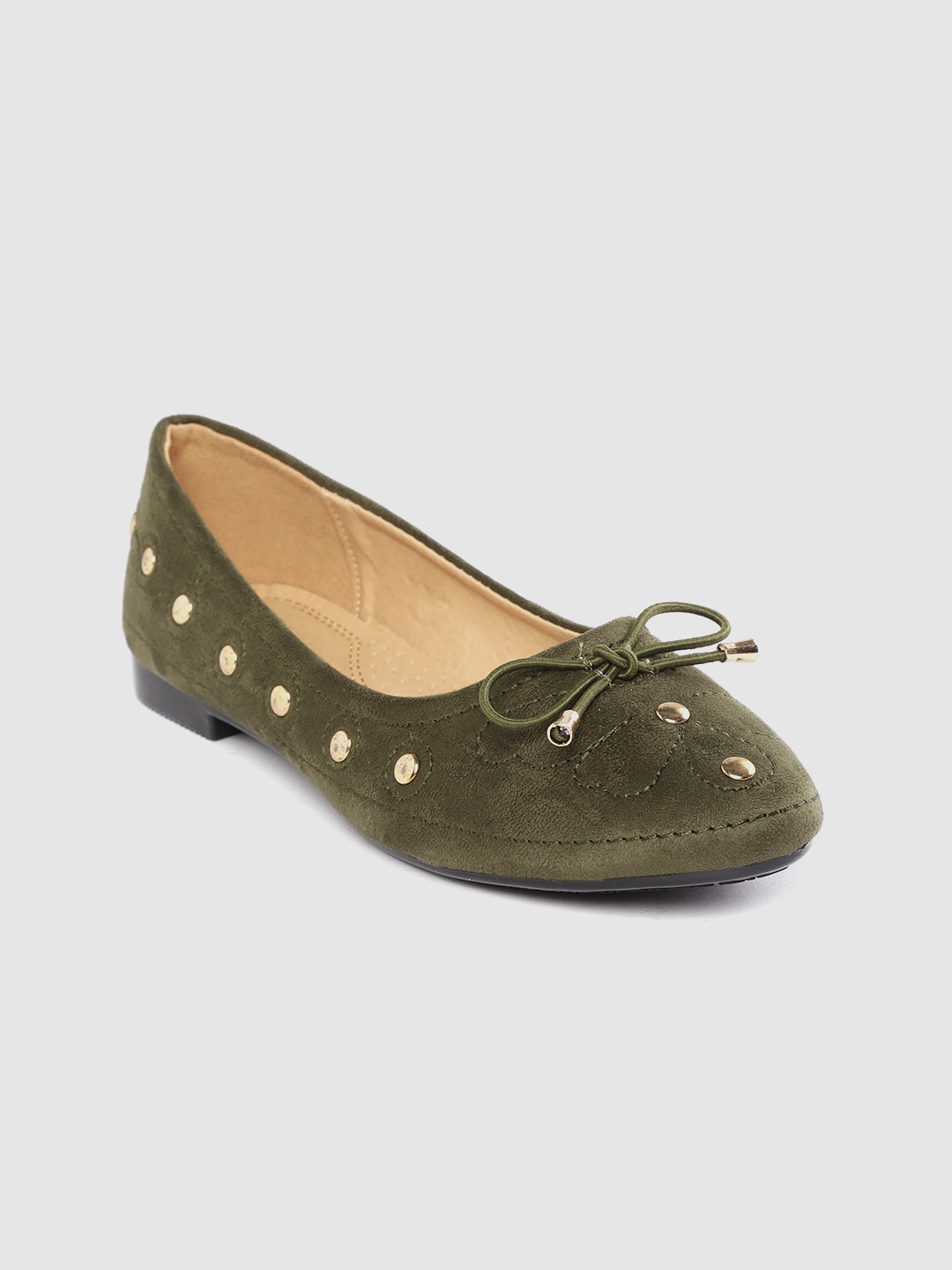 

Lavie Women Olive Green & Gold-Toned Woven Design Ballerinas with Studded Detail