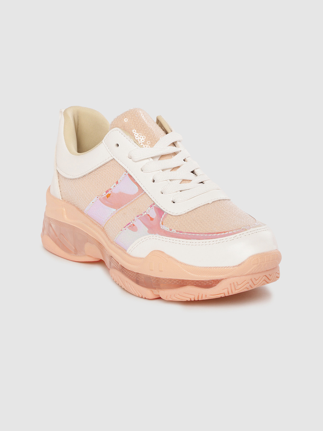 

Lavie Women White & Peach-Coloured Sequinned Sneakers