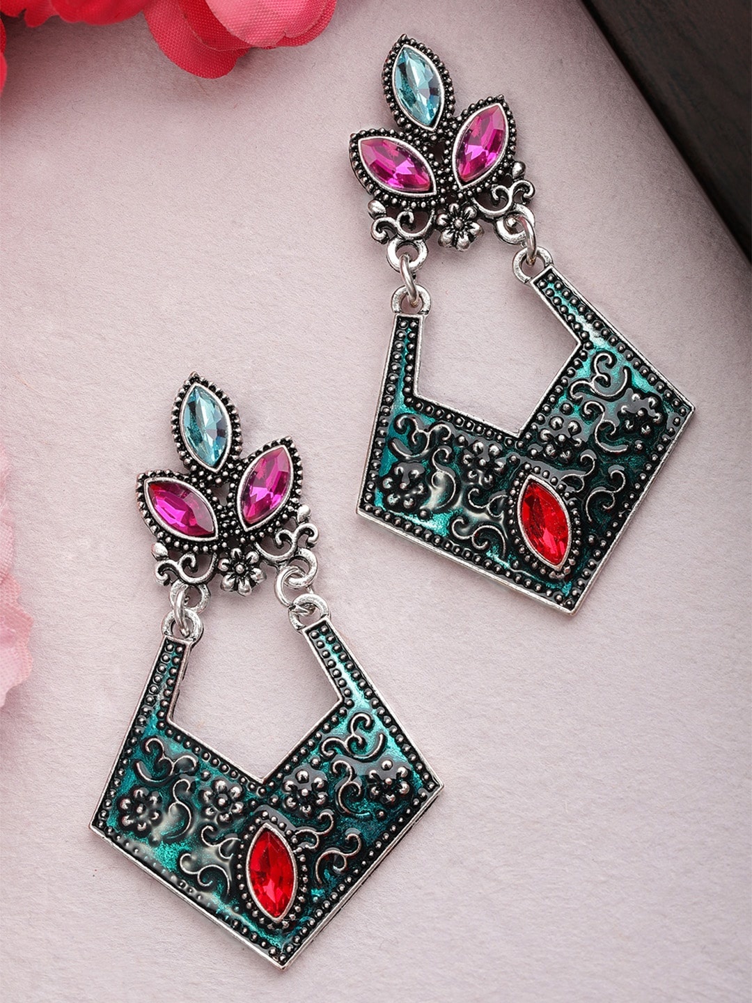 

Rubans Blue & Pink Silver-Plated Oxidised Handcrafted Enamel Classic Drop Earrings
