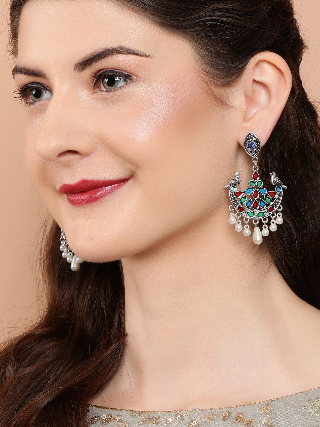 

Rubans Multicoloured Silver-Plated Handcrafted Crescent Shaped Chandbali Drop Earrings, Multi