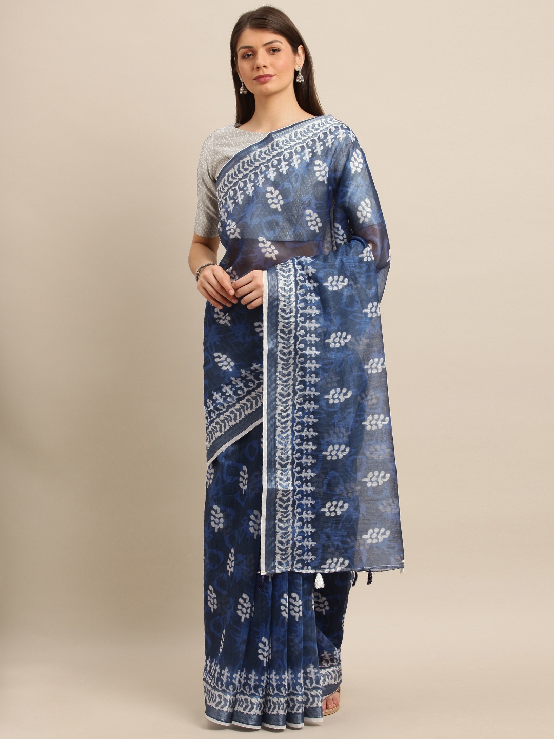

Mitera Navy Blue & White Linen Blend Embroidered Sheer Khadi Saree