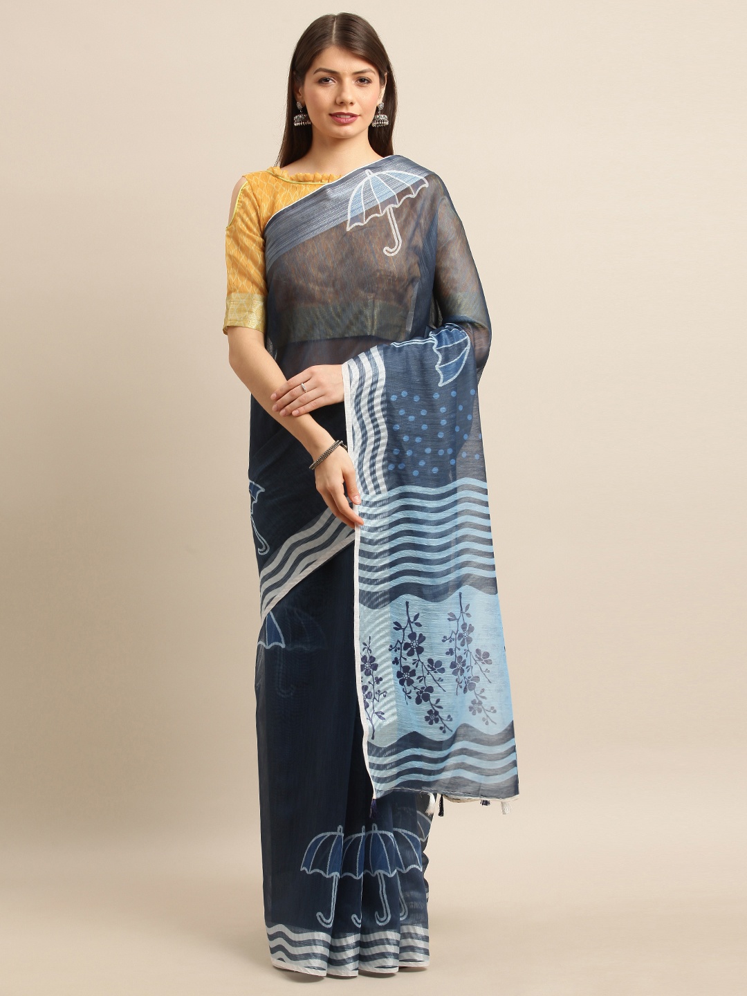 

Mitera Navy Blue & White Linen Blend Printed Khadi Saree