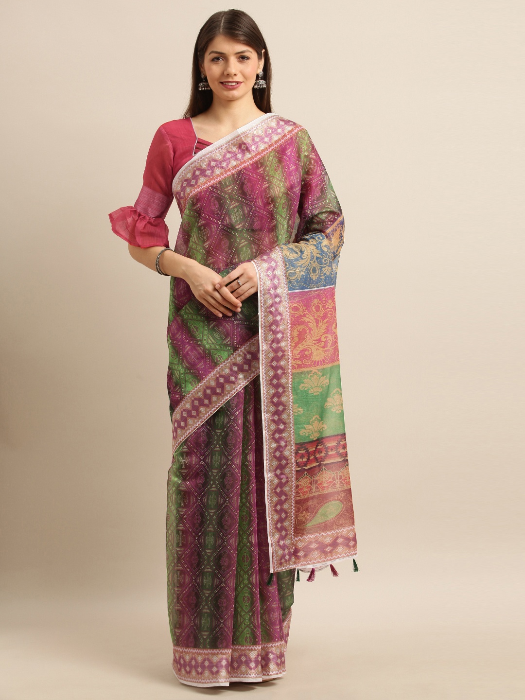 

Mitera Magenta Pink & Green Cotton Blend Printed Bandhani Saree