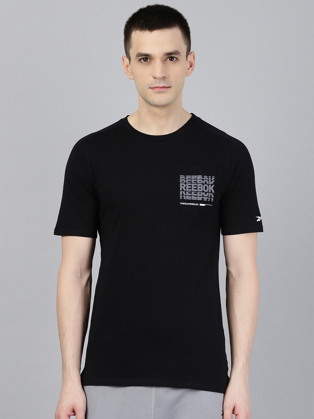 

Reebok Men Black Graphic Training Supply Pocket Pure Cotton T-shirt