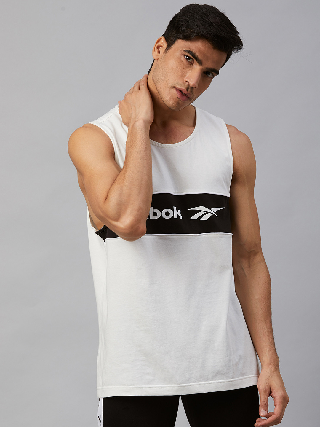 

Reebok Classic Men White Linear F Printed Tank Pure Cotton T-shirt