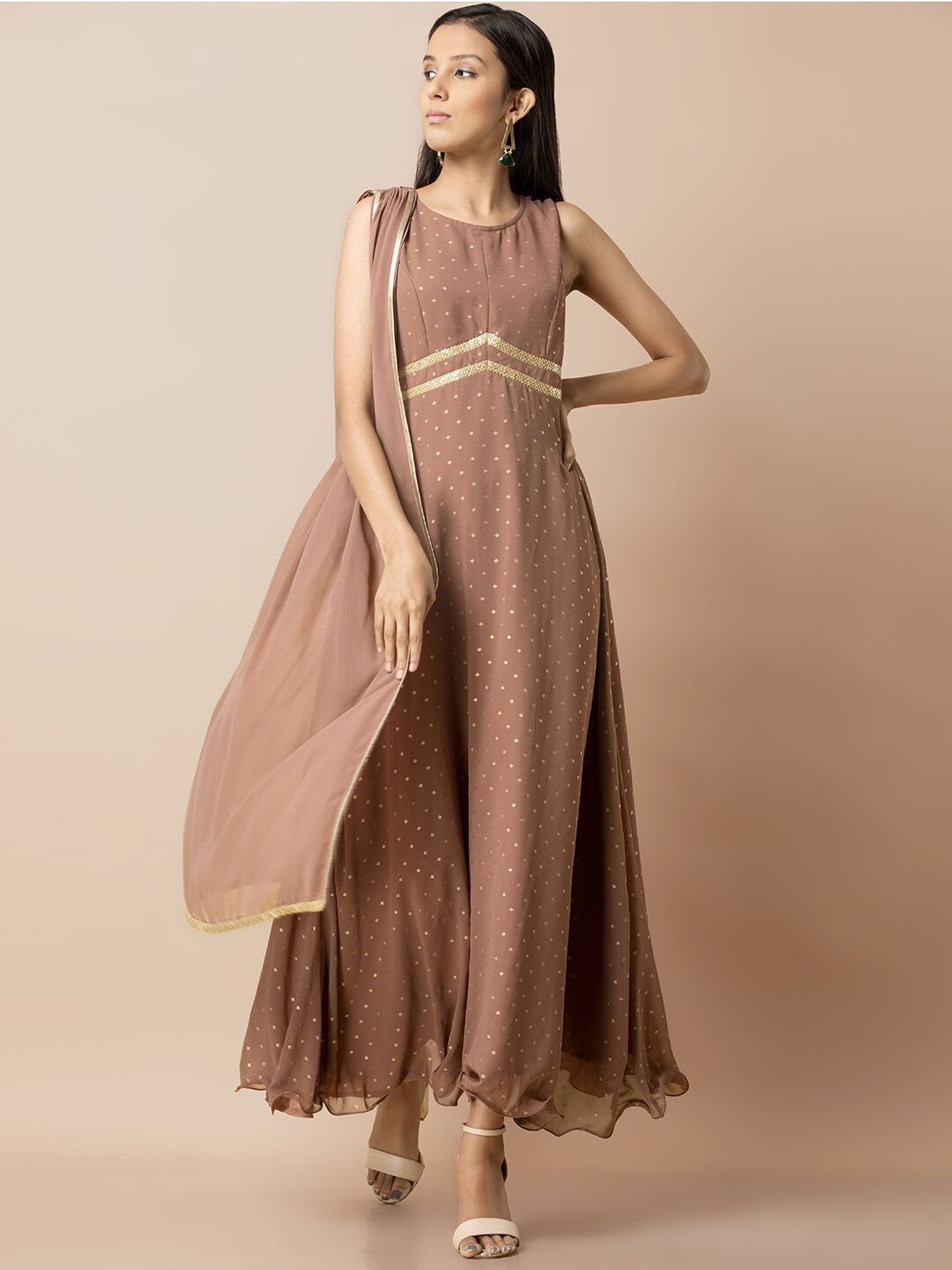 

INDYA Women Pink Foil Maxi Dress with Attached Dupatta, Mauve