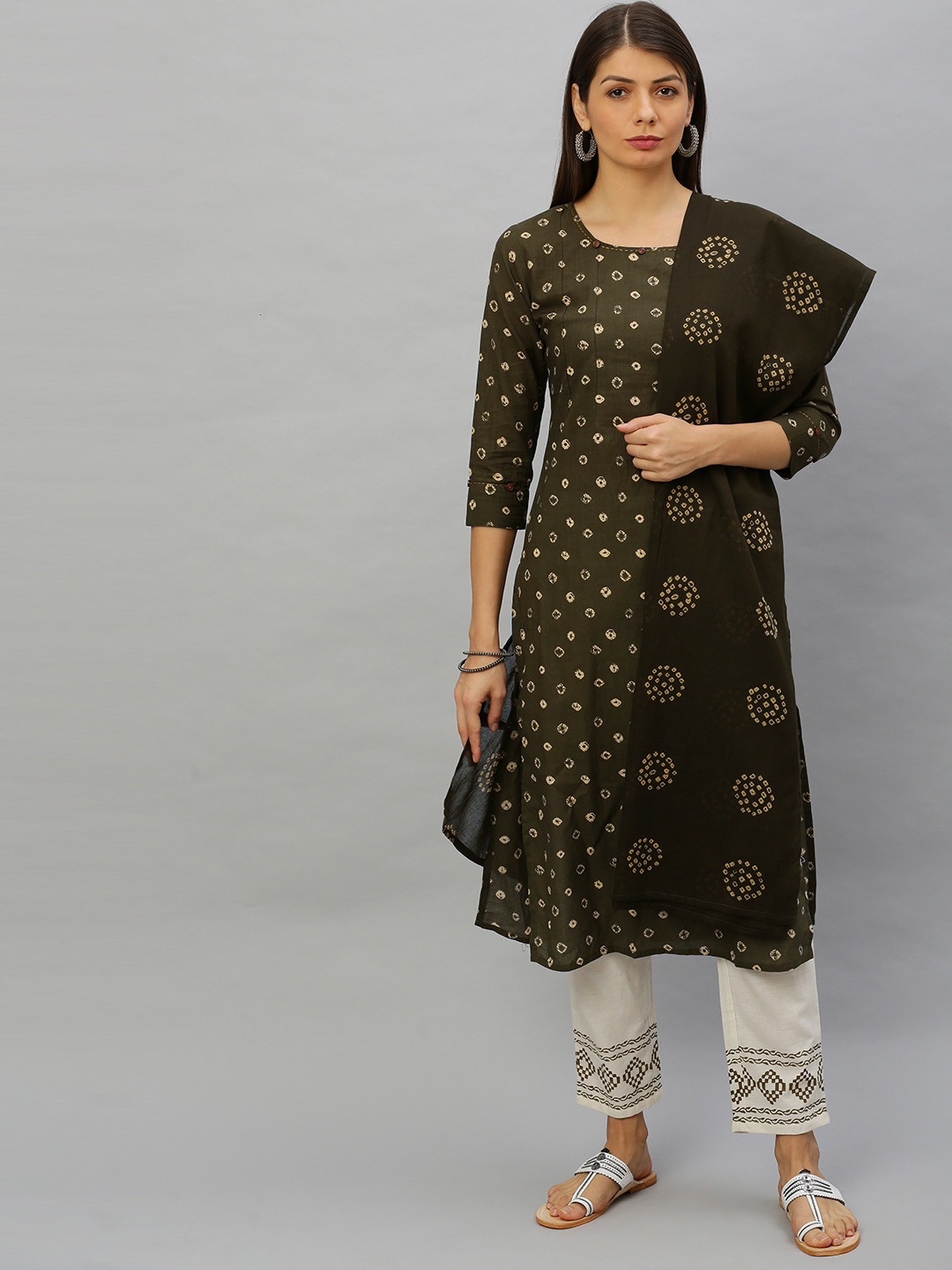 

Yufta Women Olive Green & Off-White Bandhani Dyed Kurta with Trousers & Dupatta