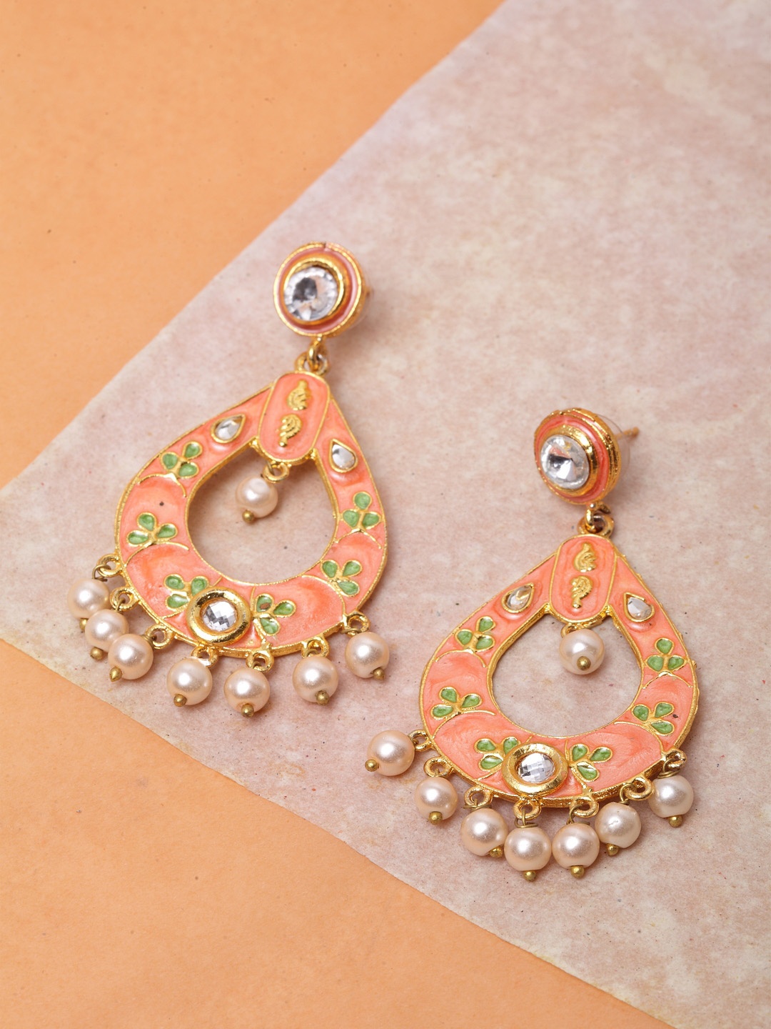 

Infuzze Peach-Coloured Teardrop Shaped Drop Earrings