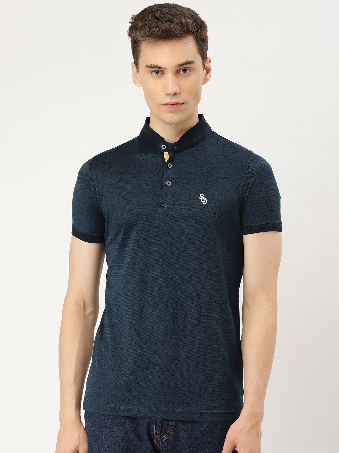 

Duke Men Navy Blue Self Design Slim Fit Stand Collar T-shirt