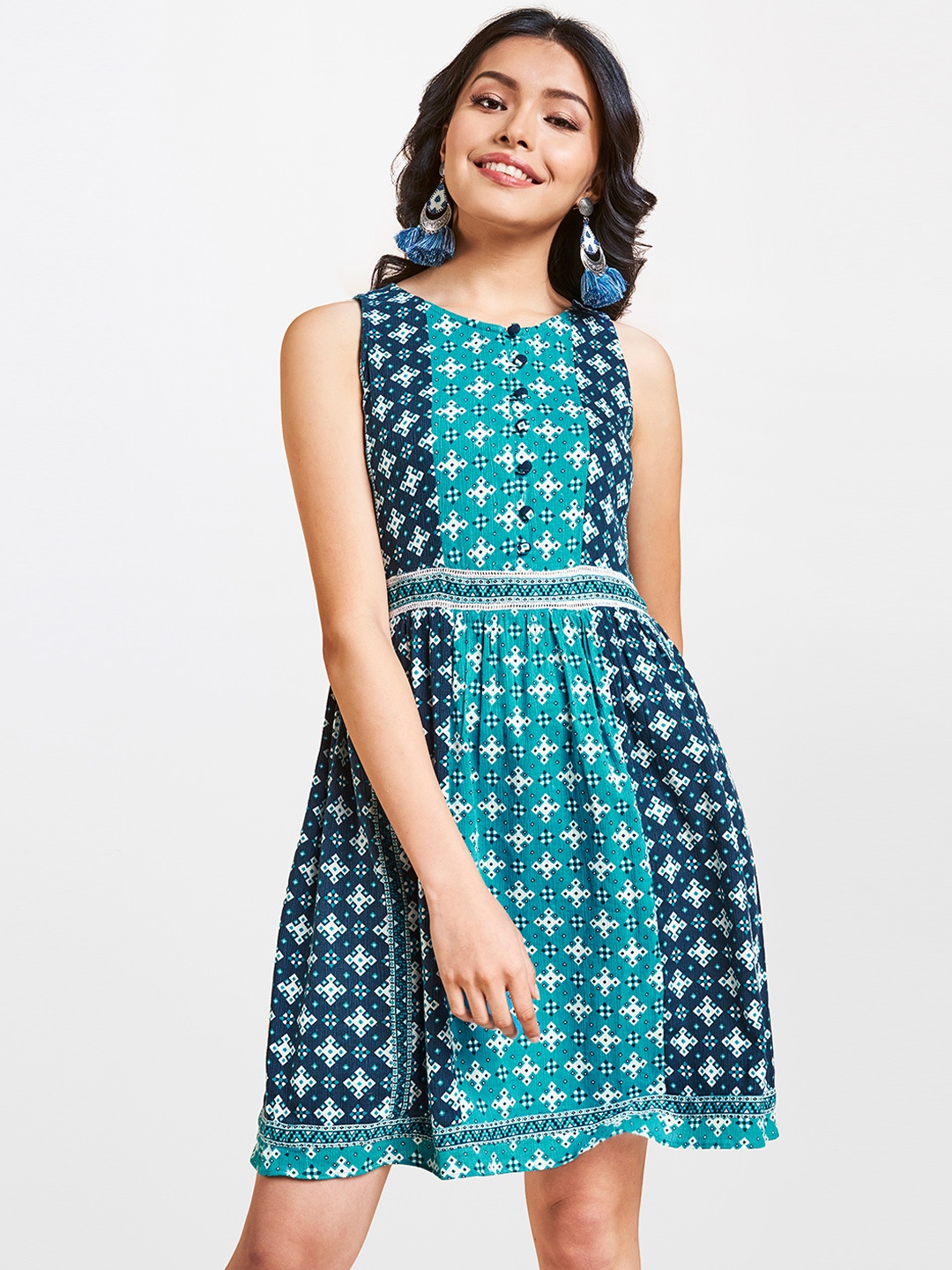 

Global Desi Women Blue Geometric Printed A-Line Dress