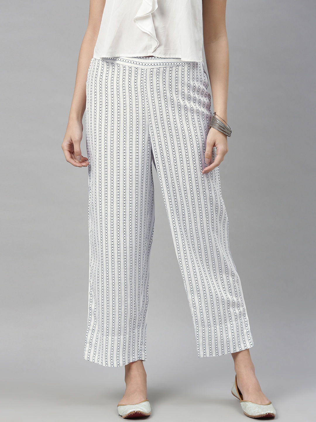 

Global Desi Women White & Blue Regular Fit Striped Cropped Parallel Trousers