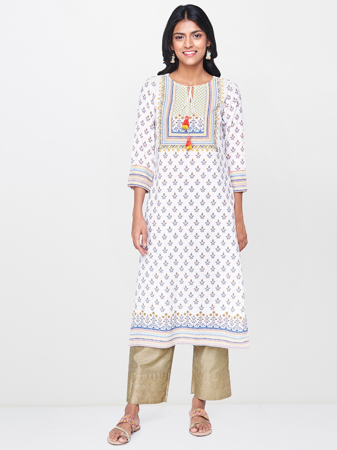 

Global Desi Women Off-White & Blue Printed Mukaish Work Tie-Up Neck A-Line Kurta