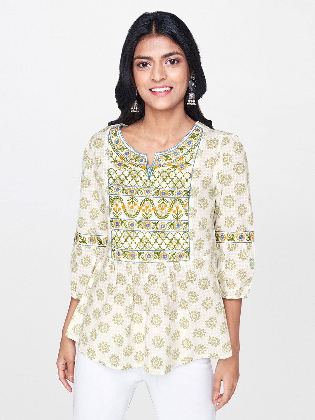 

Global Desi Women Off-White & Green Printed Pure Cotton Top