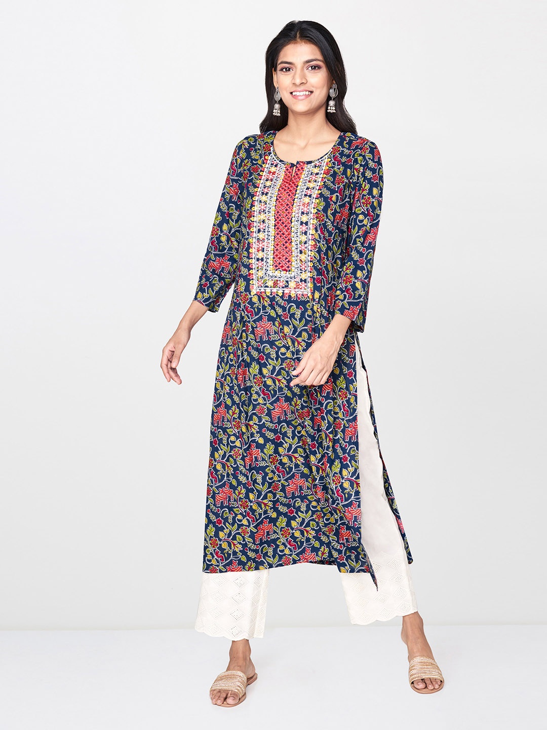 

Global Desi Women Navy Blue & Green Printed Straight Kurta