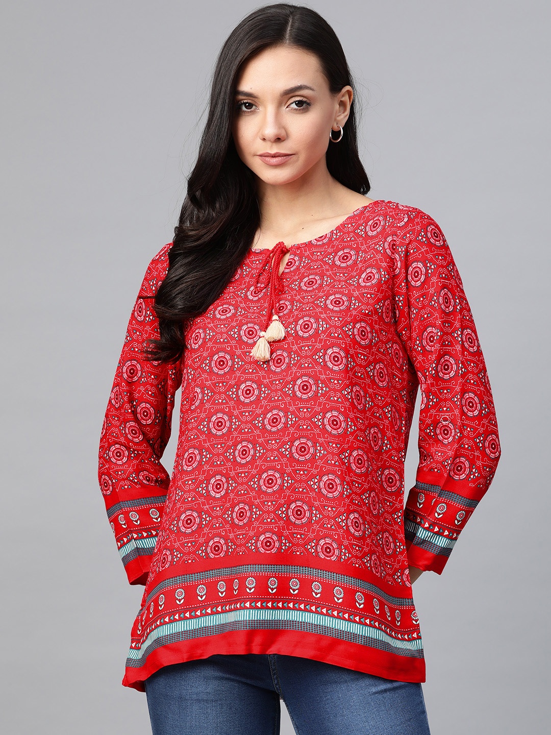 

Global Desi Women Red & Teal Blue Ethnic Print Sustainable A-Line Top