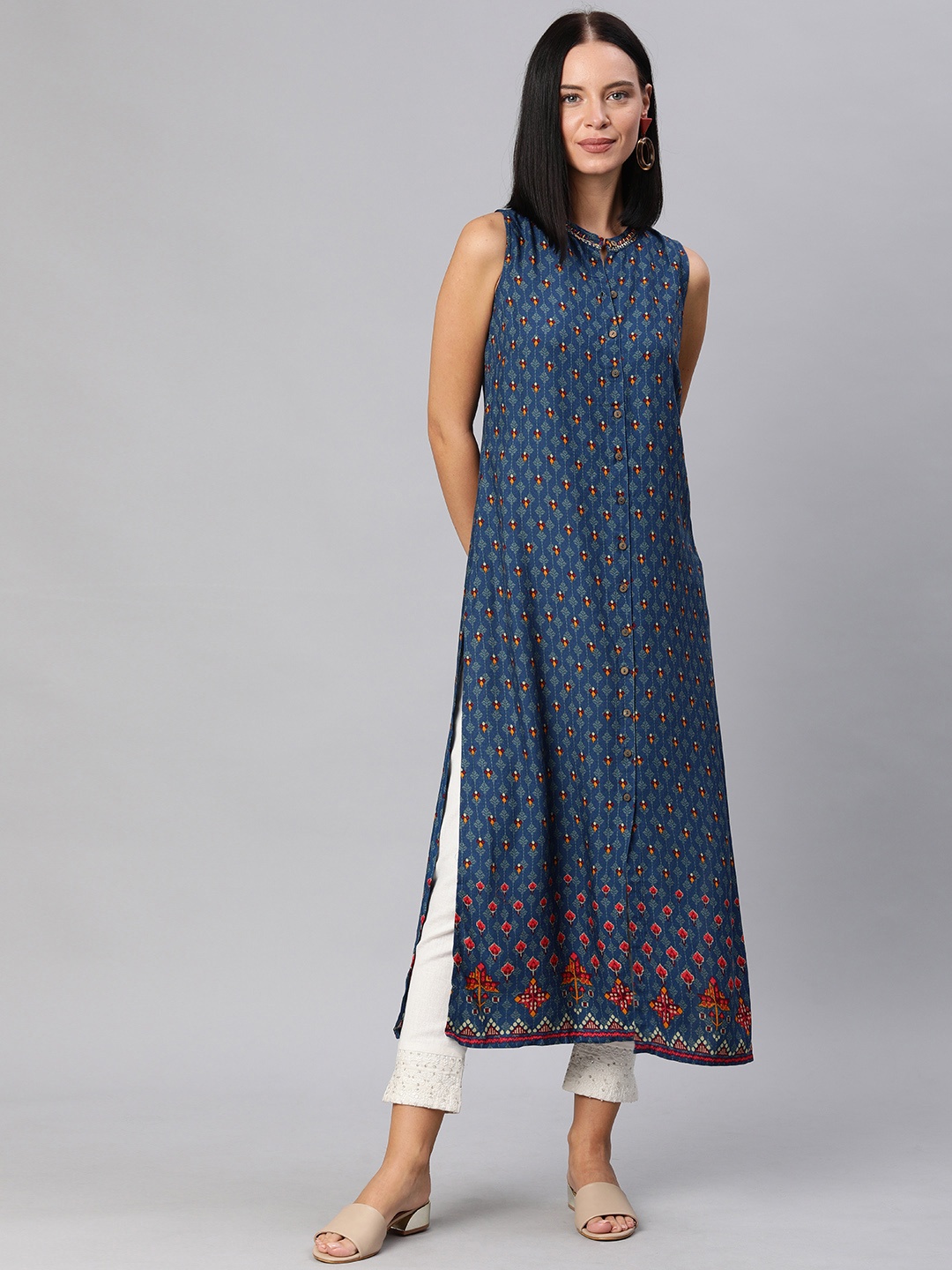 

Global Desi Women Blue & Grey Printed Straight Kurta