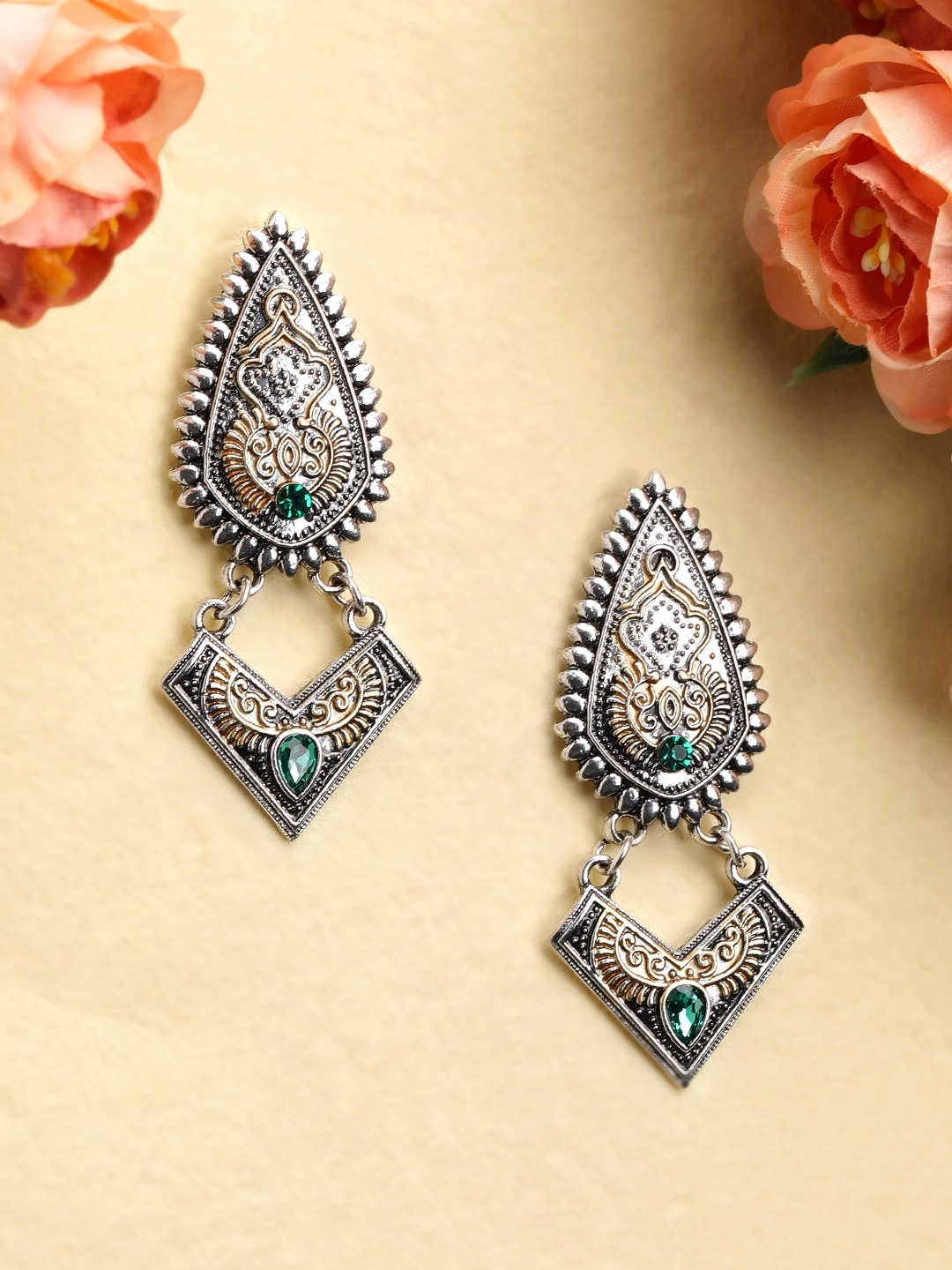 

Rubans Green & Silver-Plated Handcrafted Oxidised Geometric Drop Earrings