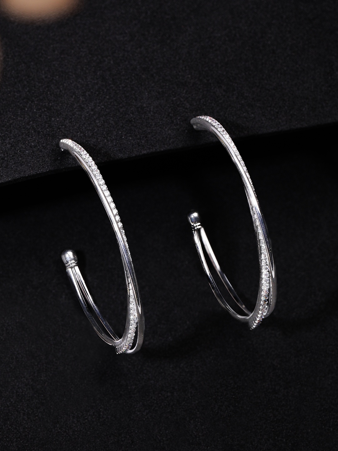 

Rubans Silver-Plated Handcrafted Zirconia Studded Classic Half Hoop Earrings