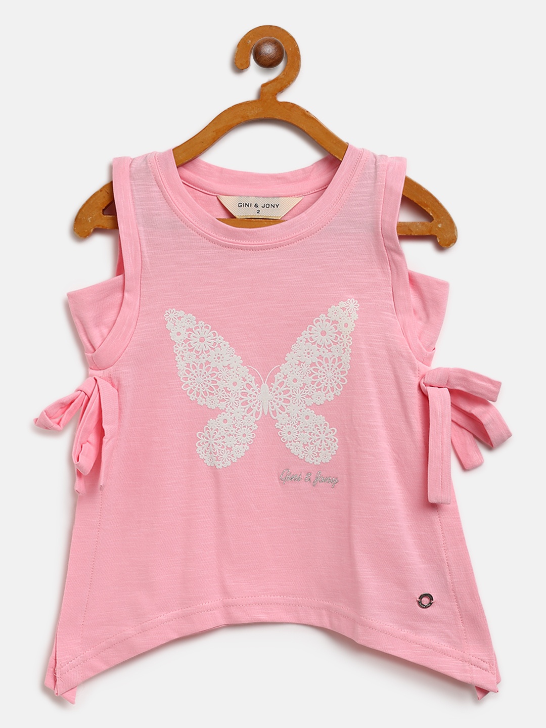 

Gini and Jony Girls Pink & White Butterfly Print A-Line Pure Cotton Top