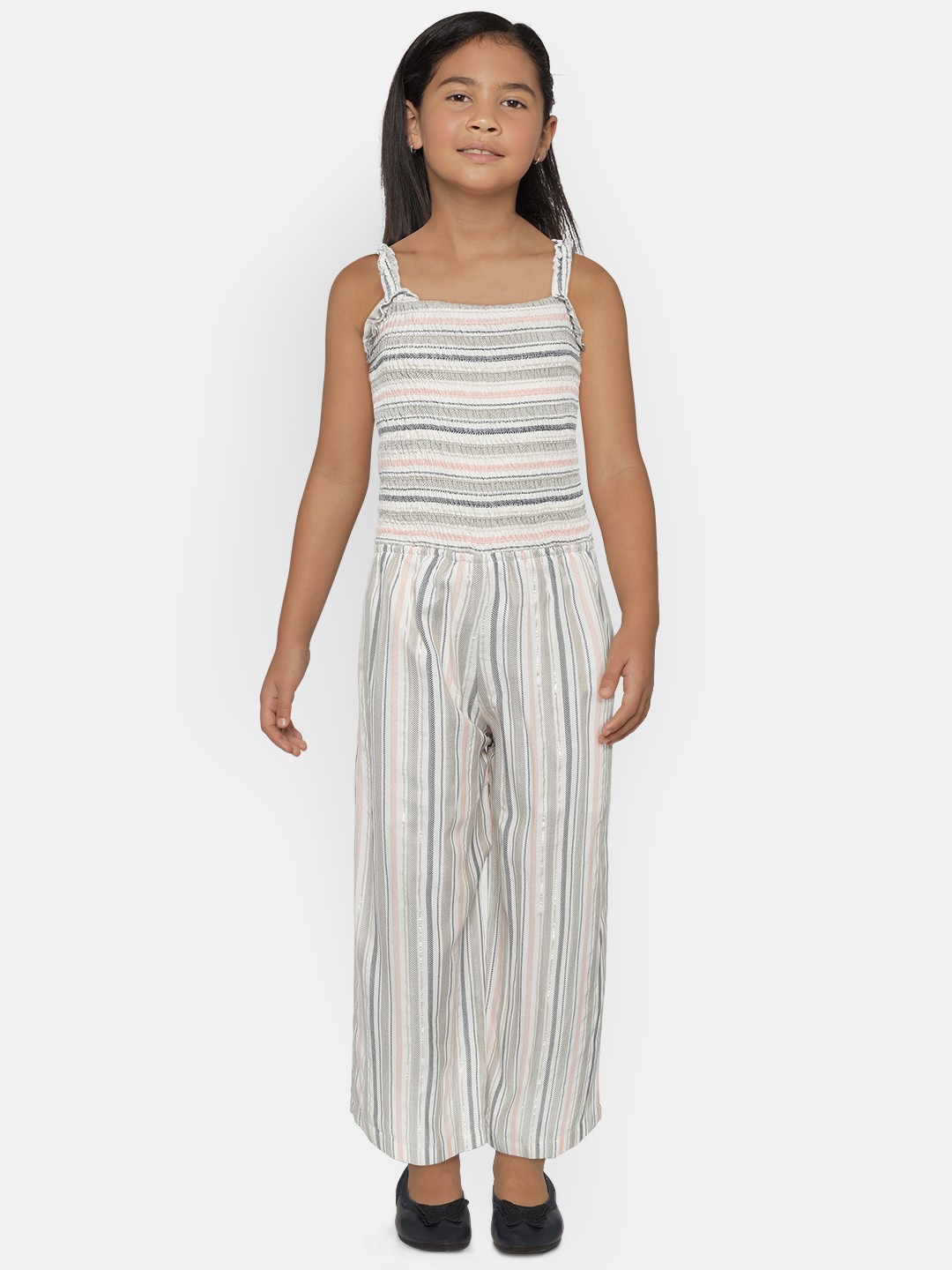 

Gini and Jony Girls White & Navy Blue Striped Basic Jumpsuit