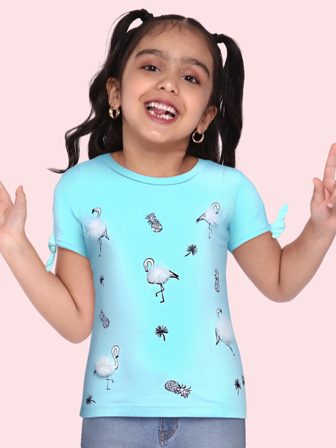 

Gini and Jony Girls Blue Tropical Print Top with Faux Fur Applique Detail