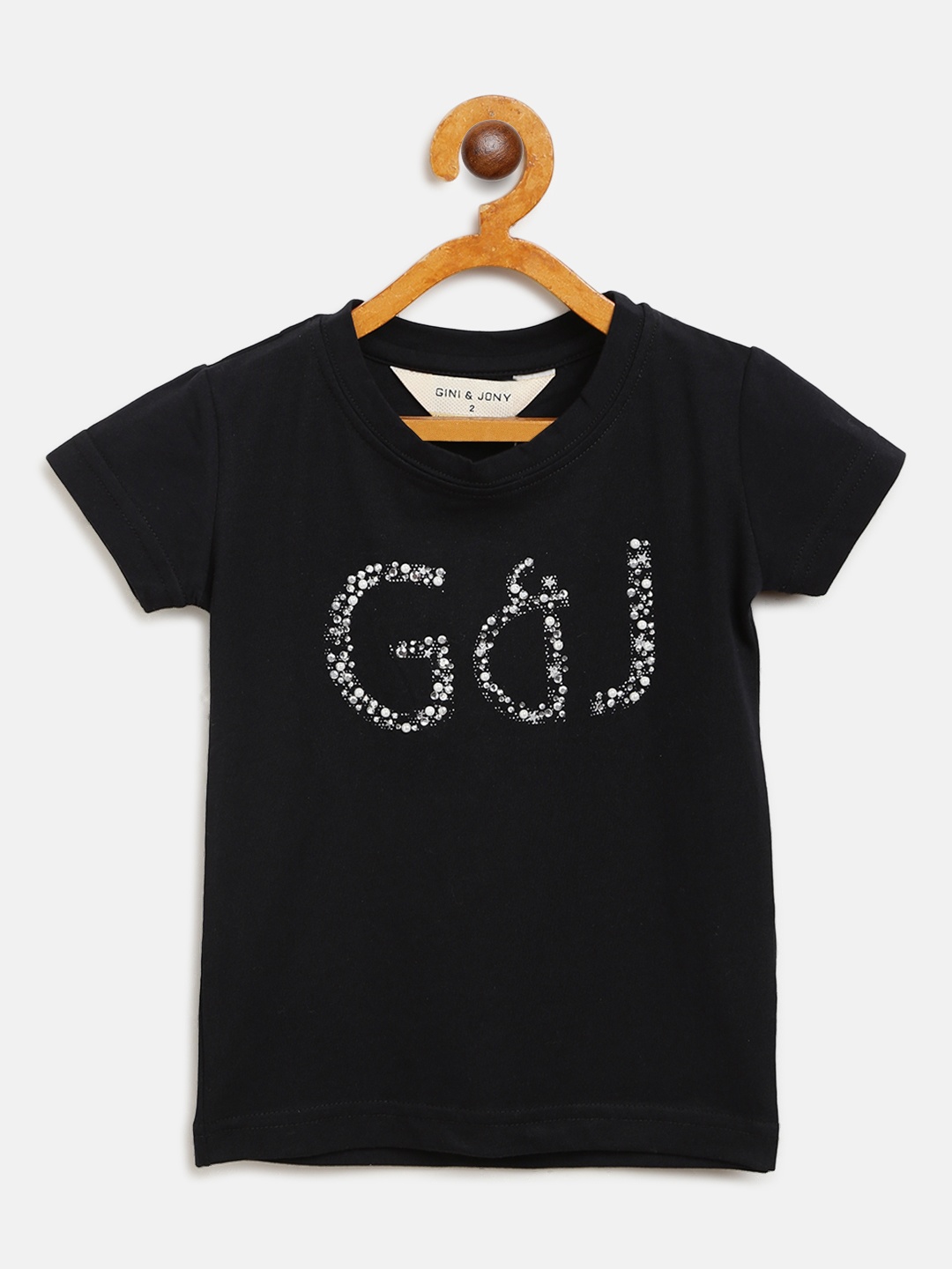 

Gini and Jony Girls Black Self Design Brand Logo Round Neck T-shirt