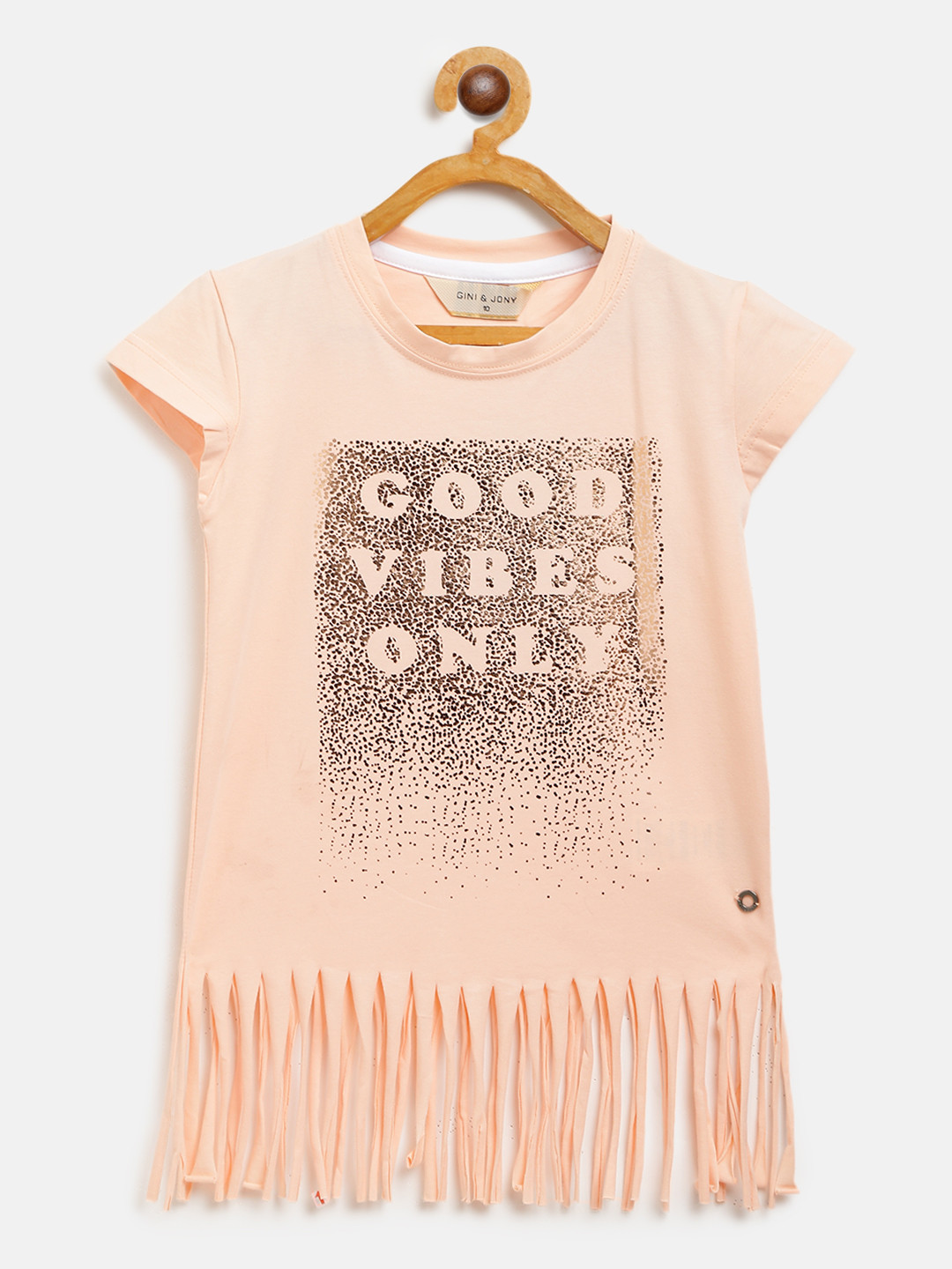 

Gini and Jony Girls Peach-Coloured & Rose Gold-Toned Printed Fringed Top